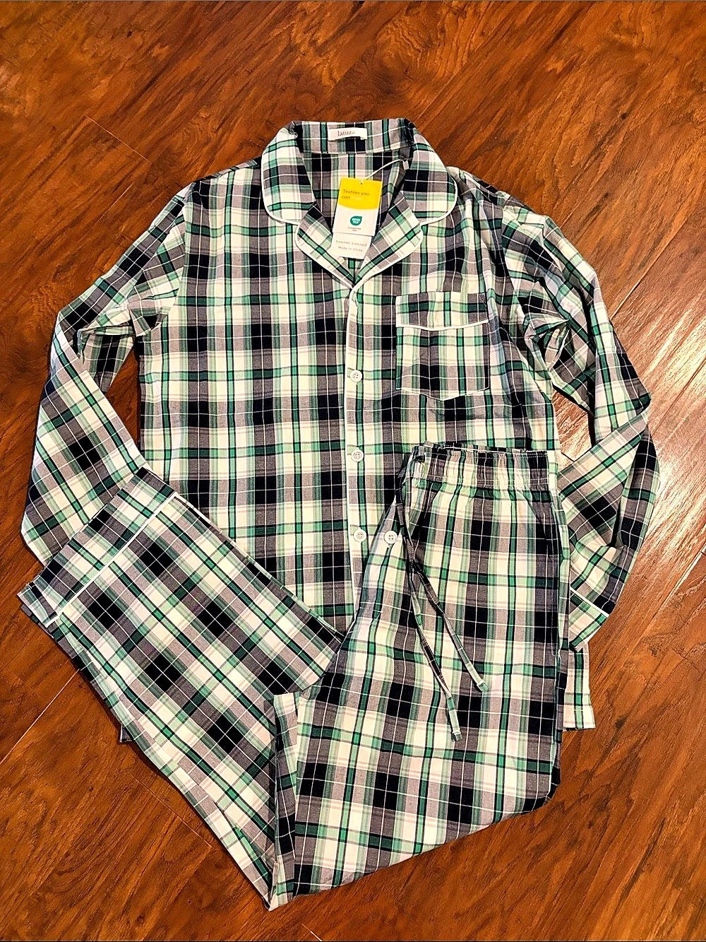 New Latuza Plaid Pajama Set in Green & White Small
